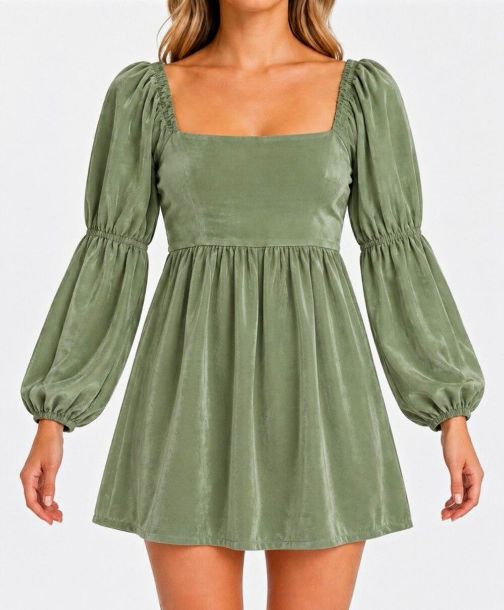 Sage the Label Dress Womens Medium Green Square Neck Puff Sleeve Mini Cottagecor
